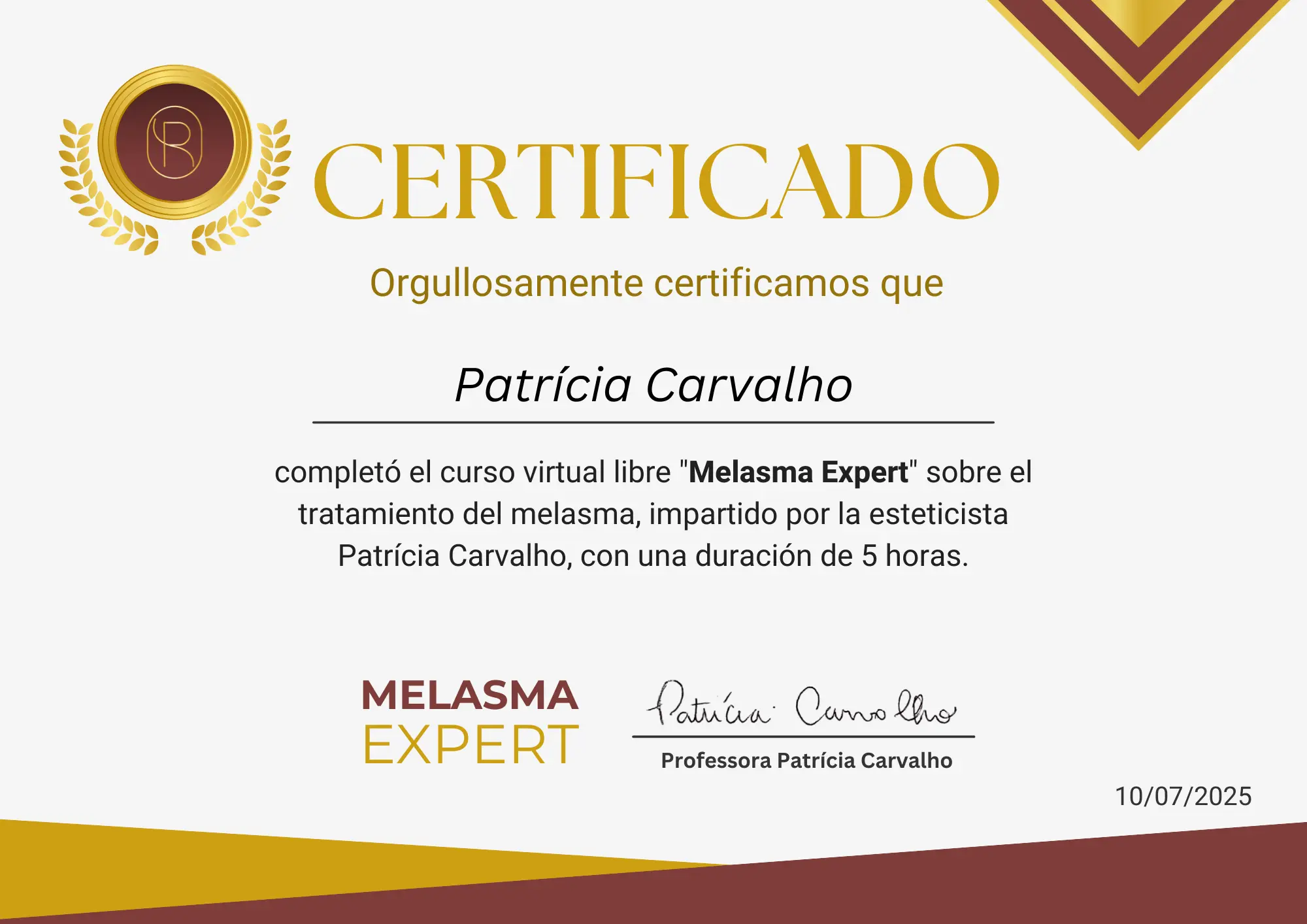 Certificado del curso Melasma Expert